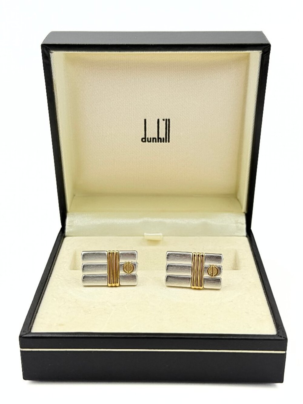 Dunhill Signed Paris Rectangular Two Tone Brushed Ribbed Tuxedo Cufflinks